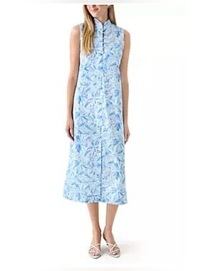 STS Sail To Sable Midi Dress Cotton Blue Printed Sleeveless Center Slit NWT XL